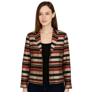 𝅺ann May Vintage Striped Lined Open Front Blazer Jacket Medium 100% Woven Silk